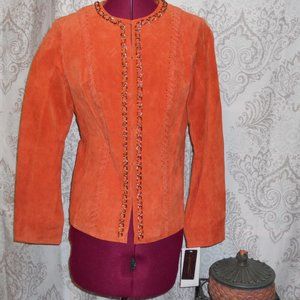 NWT Hal Rubenstein S Orange Leather Suede Jacket Chain Detail Whip Stitch
